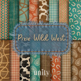 Pixie Wild West 6x6 paper pack. Western prints with cowhide, ropes and bandana motifs in teal, rust and brown.