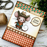 Card using the paper pack: a cowboy mouse with 'Howdy Partner.'