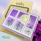 Purple postage-grid card using the Moon stencil to build a night-sky forest scene