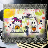 Halloween scene using the Moon stencil, two ghosts and a black cat under a full moon with 'Happy Halloween'