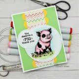 Spotted pig in a circle on a green card, 'You deserve a PIG thank you.'