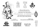 Uncolored stamp sheet with an inked vintage woman, ornaments and censored cheeky holiday sentiments.