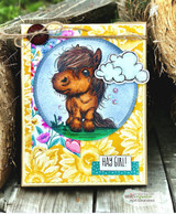 Handmade card with the Pint Size Pony stamp colored chestnut brown in a circle frame on sunflower paper with a 'Hay girl!' banner.
