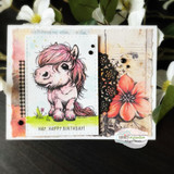 Card with a pink-maned pony colored with markers beside a red flower on collage paper, sentiment reads 'Hay, happy birthday!'
