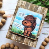 Rustic card with a brown pony under a blue sky, 'Hay girl!' and 'Giddy up and get better' sentiments, framed in woodgrain.