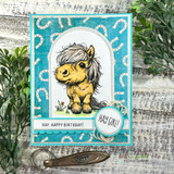 Birthday card with a palomino pony in an arched window frame on teal horseshoe-print paper with 'Hay, happy birthday!'