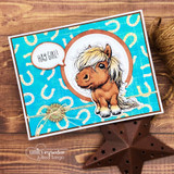 Turquoise horseshoe-background card with a cream pony in a circle frame and a 'Hay girl!' speech bubble.