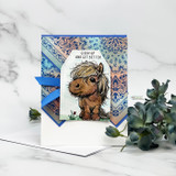 Diagonal-fold card on blue damask paper with the brown pony and 'Giddy up and get better' sentiment.