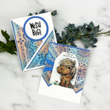 Pair of angled cards with the pony and 'Wish big!' and 'Giddy up and get better' sentiments on blue patterned paper.
