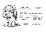 Red rubber stamp sheet with a shaggy maned little pony, carrying 'HAY GIRL!' and 'WHOA NELLY!'