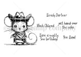 Tiny Buckaroo red rubber stamp art by Lisa Arana — cowboy mouse with five western birthday sentiments