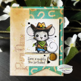 Teal card with the mouse in green bandana — have a mighty fine birthday
