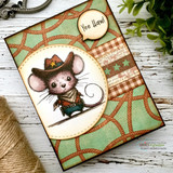 Rope and gingham circle-frame card with the cowboy mouse in blue jeans