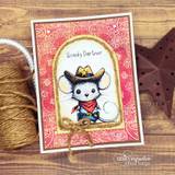 Red bandana-print card with the white-hatted mouse in a rope frame