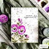 Splattered watercolor card with magenta pansies. You are so appreciated.