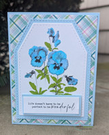 Plaid-matted blue pansies card — life doesn't have to be perfect to be wonderful