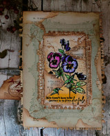 Distressed book-page tag with plum pansies and the wonderful sentiment