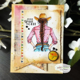Card with the cowgirl in a pink shirt on distressed vintage papers, 'pure grace & grit.'