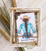 Card with the cowgirl in a blue shirt on layered western papers, 'howdy honey.'