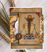 Card with the cowgirl in a tan shirt on rich kraft and gold papers, 'just a country girl at heart.'