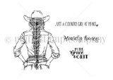 Red rubber stamp set with a cowgirl seen from behind in a hat and long braid, plus 'just a country girl at heart,' 'howdy honey' and 'pure grace & grit.'
