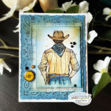 The cowboy in a blue bandana on a blue paisley background with a button accent.