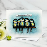 Fluffy Flock card, the cozy huddle of round birds colored in blues and yellows, 'distance means so little when someone means so much'.