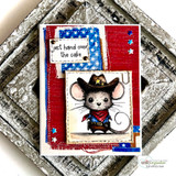 Card made with Barnyard Blowout paper — red, white and blue prints framing a cowboy mouse with 'Just hand over the cake.'