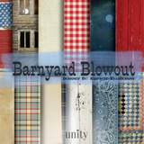 Barnyard Blowout 6x6 paper pack cover — rustic masculine patterns: plaid, denim, red gingham, weathered wood and night sky.