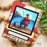Card using Barnyard Blowout paper — plaid and wood-look prints around a fishing scene with 'Just let your worries melt away.'