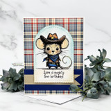Card made with Barnyard Blowout paper — layered blue plaid behind a cowboy mouse with 'Have a mighty fine birthday!'