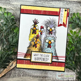 Card using the paper pack: two wild-eyed chickens with 'What the cluck happened?'