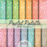 Pastel Palette Boho Bandana 6x6 paper pack — soft rainbow paisley and bandana prints in mint, peach, coral, lavender and blue.