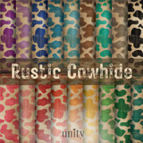 Rustic Cowhide 6x6 paper pack — distressed cow-spot print in a full rainbow of colors, fanned as rolled sheets.