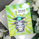 Handmade card featuring the grinning donkey wearing a graduation cap, on a green sunburst background, stamped with 'Well done! Now get out there and kick ass'.