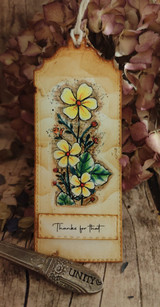 Vintage tag card with a distressed floral bouquet, 'Thanks for that.'