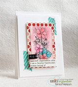 Card with the distressed florals over red dots, 'Against improbable odds I am a fairly functional human being.'
