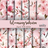 Blooming Sakura 6x6 paper pack — soft pink cherry blossom and sakura branch prints on cream and white.