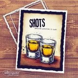 Rustic card with two amber shot glasses and 'SHOTS – because adulting is hard.'