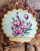 Lisa Arana's blooming magnolia branch with 'You hold a special place in my heart,' an elegant red rubber floral stamp shown on a card.