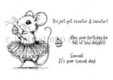 Line-art red rubber stamp set 'Tiny Tutu Soiree' showing a cute mouse in a tutu holding a cupcake, with birthday sentiments like 'May your birthday be full of tiny delights.'