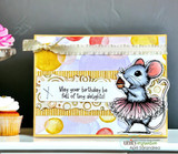 A cute mouse in a tutu holding a cupcake hand-stamped on a card and lettered "May your birthday be full of tiny delights."