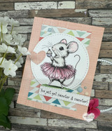A card project showing a cute mouse in a tutu holding a cupcake, paired with the greeting "May your birthday be full of tiny delights."
