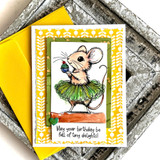 A cute mouse in a tutu holding a cupcake stamped in red rubber and colored on a handmade card reading "Eeeeek! It's your special day."