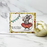 Handmade card featuring a cute mouse in a tutu holding a cupcake, with the sentiment "May your birthday be full of tiny delights."