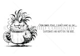 Unity Stamp Co red rubber stamp set by Angie Blom showing a wild-haired rooster holding a coffee mug, with sentiments like 'Caffeinate and hope for the best.'