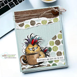 Card with the rooster holding a coffee mug on polka-dot paper, captioned 'Caffeinate and hope for the best.'
