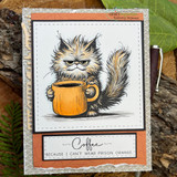 A stamped card showcasing a scruffy, grumpy cat hugging a big coffee mug from Unity Stamp Co's Pissy Kitty red rubber stamp set, with the sentiment 'Hi.'.