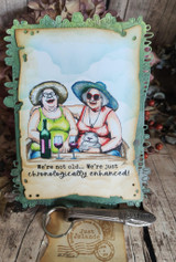 Vintage-framed card with the two sassy sun-hat ladies and wine, 'We're not old... We're just chronologically enhanced.'