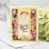Card of pink peonies and bees behind a yellow scalloped frame with 'You're the Bee's Knees'.